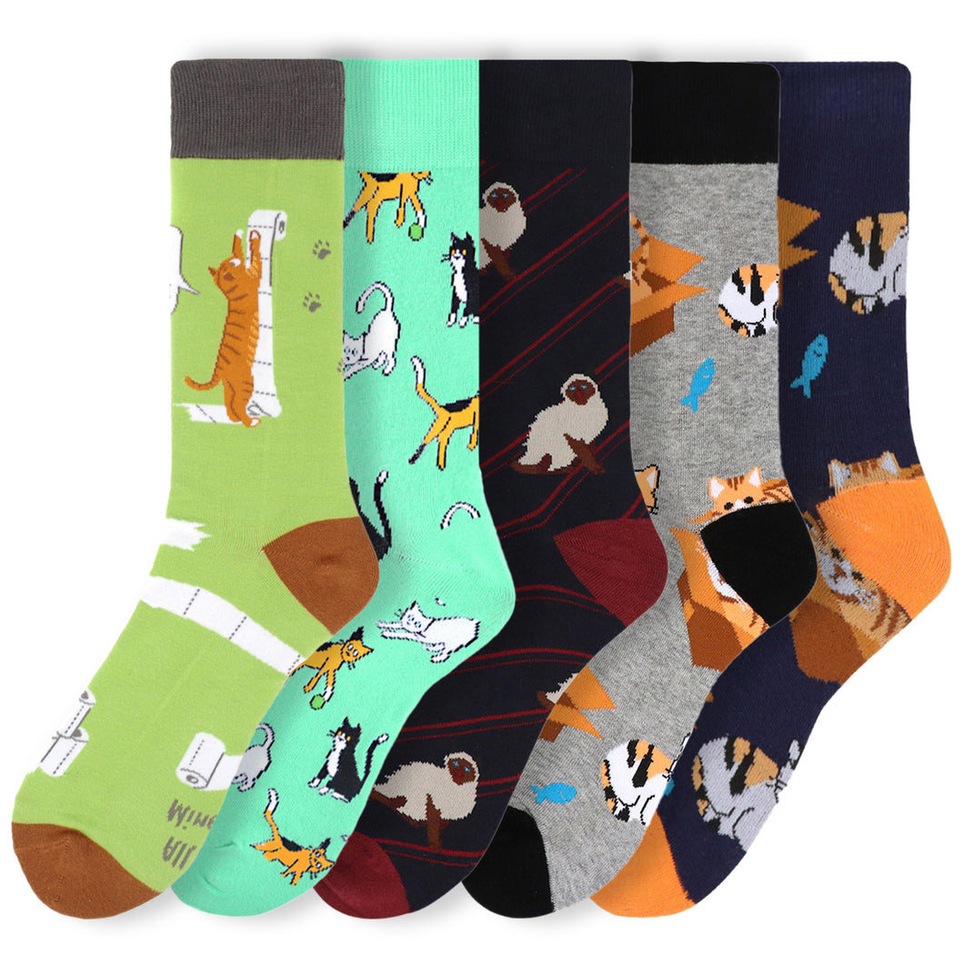 Men's Novelty Socks 'Crazy for Cats' Assorted Pack- 5 pairs