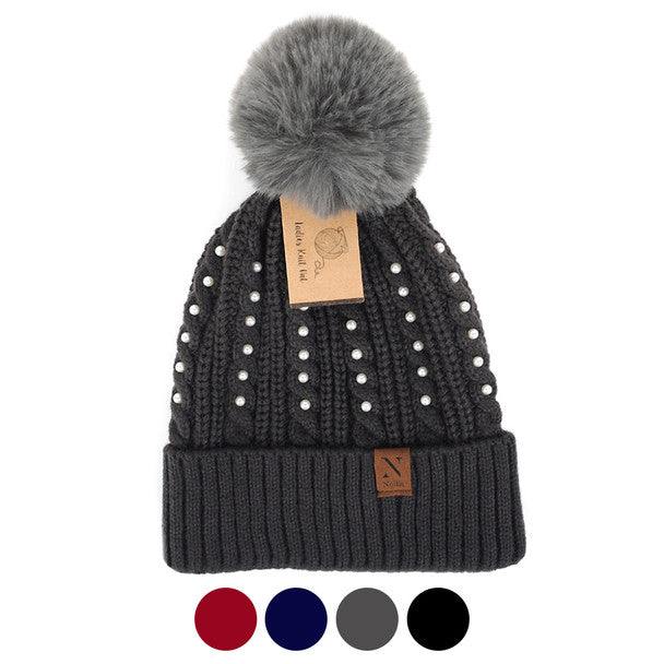 Women's Winter Hat Pom Pom & Pearls Knit Hat ClubOne