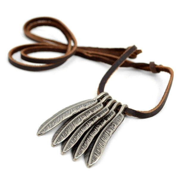Vintage Unisex Feather Pendant Adjustable Leather Cord Necklace