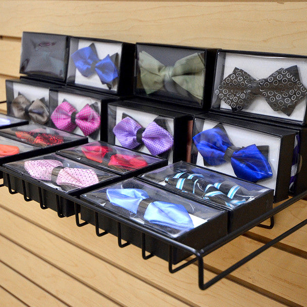 Flat Grid Shelf for Slat Wall – Includes 24 Assorted Bow Ties – 23.5” Wide Heavy Duty Display Rack