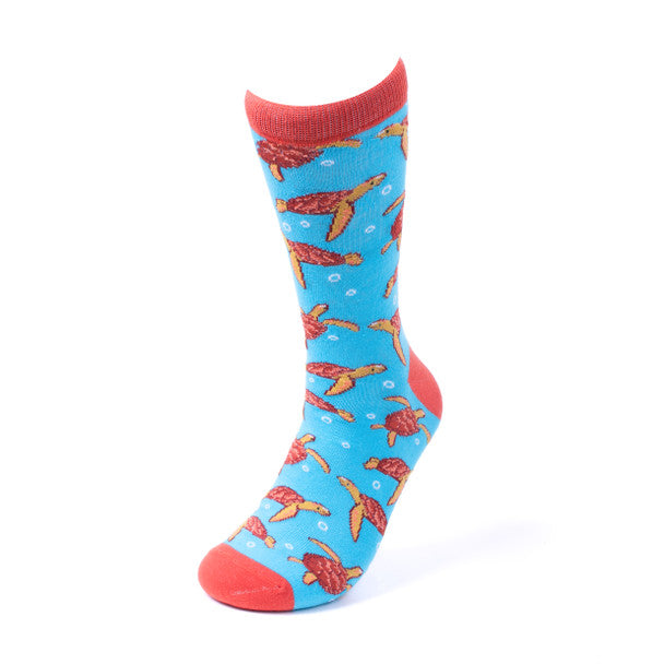 Parquet Men’s Sea Turtle Novelty Crew Socks – Teal & Orange