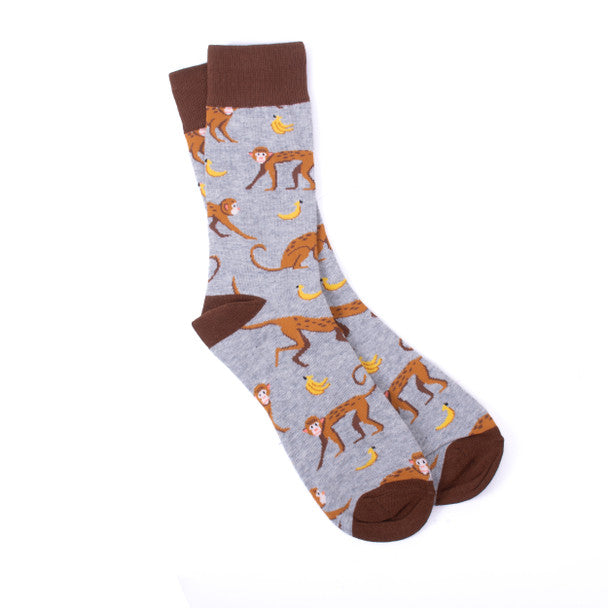 Parquet Men’s Monkey & Banana Novelty Crew Socks – Grey & Brown