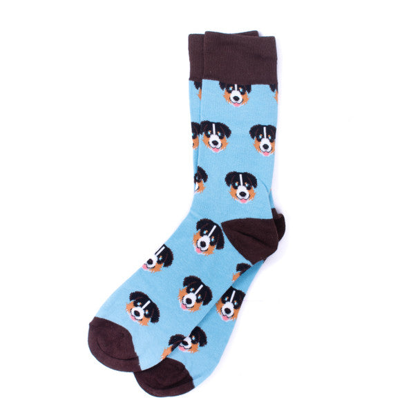 Parquet Men’s Australian Shepherd Novelty Crew Socks – Light Blue & Brown
