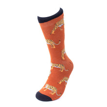 Load image into Gallery viewer, Parquet Men’s Wild Tiger Novelty Crew Socks – Orange &amp; Navy
