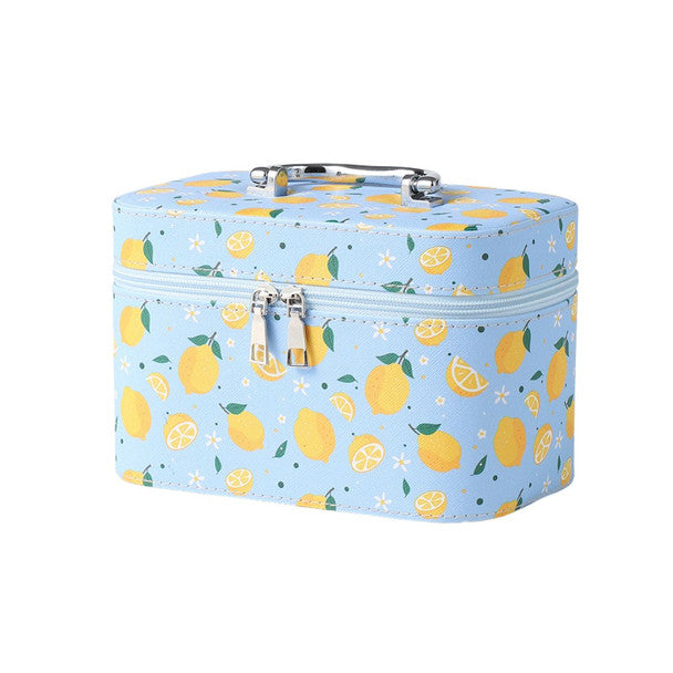 Nollia Medium Lemon Print Makeup Train Case – Blue Cosmetic Organizer with Mirror & Handle for Travel or Home