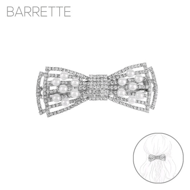 Nollia Silver Rhinestone Bow Pearl Barrette – Elegant Crystal & Pearl Hair Clip