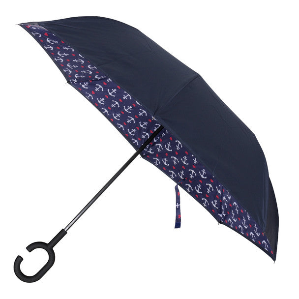 Nollia Anchor Print Inside-Out Umbrella – Navy Nautical Design, UV Protection, C-Handle