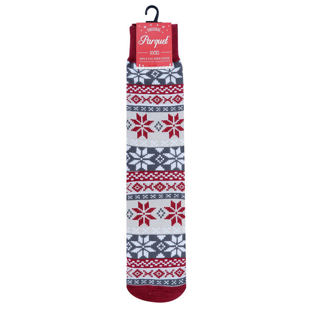 Parquet Men’s Snowflake Pattern Novelty Crew Socks – Burgundy & Gray