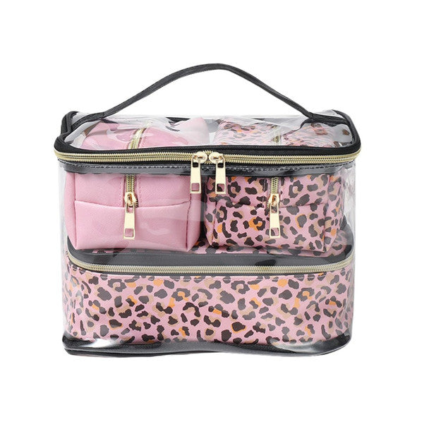 Nollia 4-Piece Makeup Bag Set – Pink Leopard & Clear Vegan Leather Travel Cosmetic Organizer Case