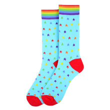Load image into Gallery viewer, Parquet Men’s Rainbow Stars Novelty Crew Socks – Gray or Blue with Rainbow Cuff
