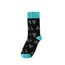 Load image into Gallery viewer, Parquet Men’s Tennis Racket Novelty Crew Socks – Black &amp; Teal
