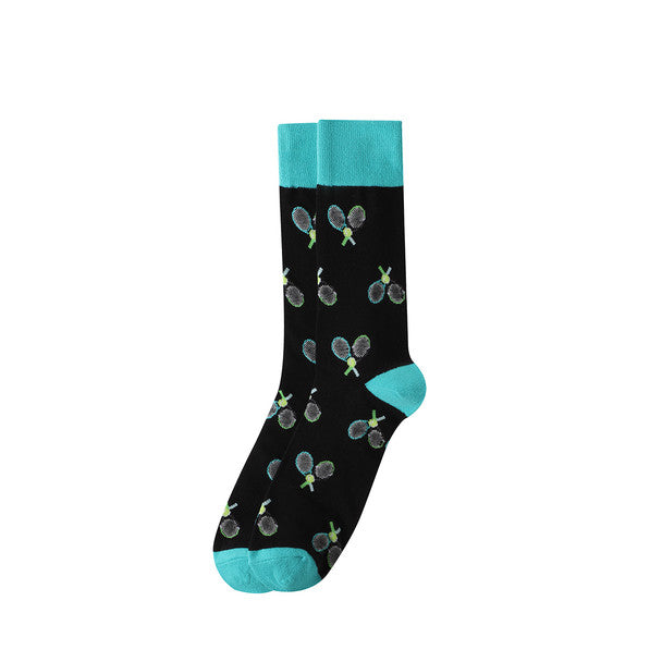 Parquet Men’s Tennis Racket Novelty Crew Socks – Black & Teal