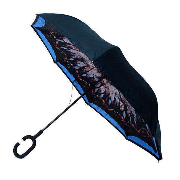 Parquet Feather Inverted Umbrella – Double Layer, UV Protection, C-Handle (Blue or Pink)
