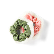 Load image into Gallery viewer, 2pc Faux Leather and Fur Scrunchie Set (Pink/Olive)

