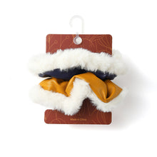Load image into Gallery viewer, 2pc Faux Leather and Fur Scrunchie Set (Navy/Mustard)
