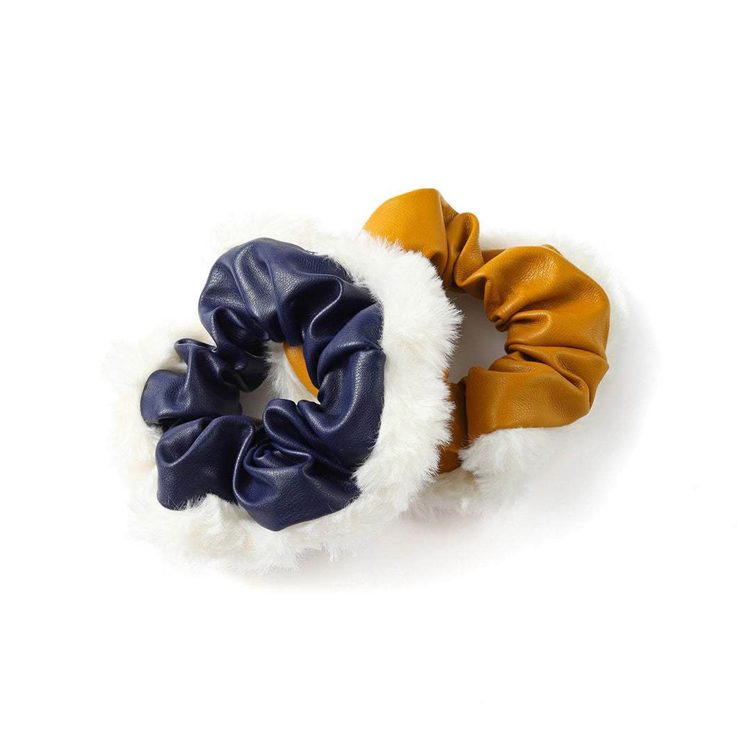 2pc Faux Leather and Fur Scrunchie Set (Navy/Mustard)