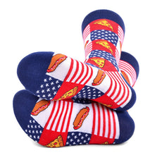 Load image into Gallery viewer, Parquet Men’s American Flag Foodie Novelty Crew Socks – Hot Dogs &amp; Pizza
