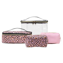 Load image into Gallery viewer, Nollia 4-Piece Makeup Bag Set – Pink Leopard &amp; Clear Vegan Leather Travel Cosmetic Organizer Case
