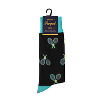 Load image into Gallery viewer, Parquet Men’s Tennis Racket Novelty Crew Socks – Black &amp; Teal
