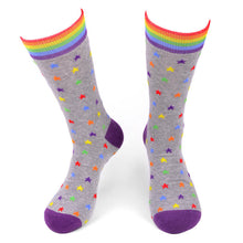 Load image into Gallery viewer, Parquet Men’s Rainbow Stars Novelty Crew Socks – Gray or Blue with Rainbow Cuff
