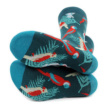 Load image into Gallery viewer, Parquet Men’s Tropical Bird Novelty Crew Socks – Teal with Light Blue &amp; Red
