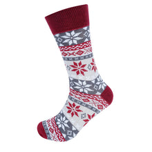 Load image into Gallery viewer, Parquet Men’s Snowflake Pattern Novelty Crew Socks – Burgundy &amp; Gray
