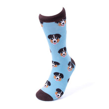 Load image into Gallery viewer, Parquet Men’s Australian Shepherd Novelty Crew Socks – Light Blue &amp; Brown
