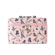 Load image into Gallery viewer, Nollia Medium Paris Butterfly Makeup Train Case – Pink Cosmetic Organizer with Mirror &amp; Handle
