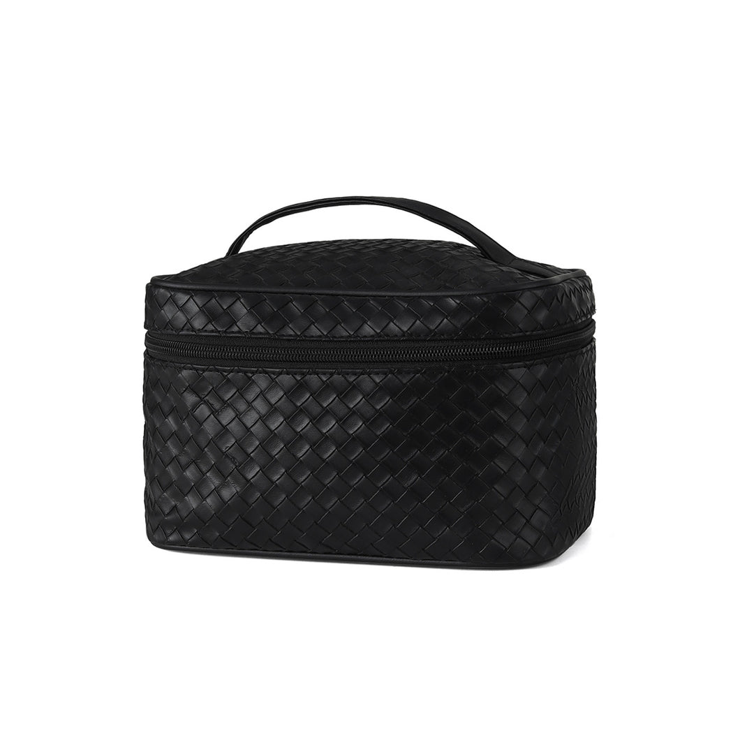 Ladies Vegan Woven Leather Train Case Cosmetic Travel Bag