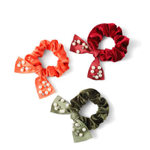 Load image into Gallery viewer, 3pc Set- Shiny Velvet Scrunchie w/ Pearl Ribbon
