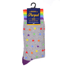 Load image into Gallery viewer, Parquet Men’s Rainbow Stars Novelty Crew Socks – Gray or Blue with Rainbow Cuff
