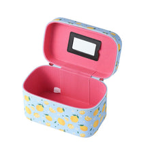 Load image into Gallery viewer, Nollia Medium Lemon Print Makeup Train Case – Blue Cosmetic Organizer with Mirror &amp; Handle for Travel or Home
