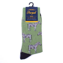 Load image into Gallery viewer, Parquet Men’s Wild Zebra Novelty Crew Socks – Light Green &amp; Black
