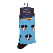 Load image into Gallery viewer, Parquet Men’s Australian Shepherd Novelty Crew Socks – Light Blue &amp; Brown
