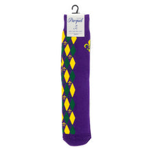 Load image into Gallery viewer, Parquet Men’s Mardi Gras Novelty Crew Socks – Purple with Green &amp; Yellow Design
