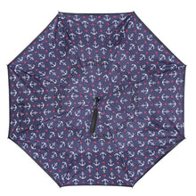 Load image into Gallery viewer, Nollia Anchor Print Inside-Out Umbrella – Navy Nautical Design, UV Protection, C-Handle
