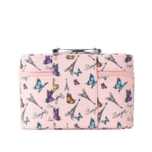 Load image into Gallery viewer, Nollia Medium Paris Butterfly Makeup Train Case – Pink Cosmetic Organizer with Mirror &amp; Handle
