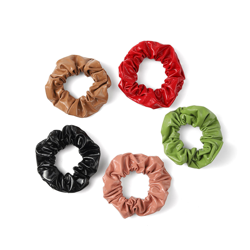 5pc Shiny Faux Leather Scrunchie Set