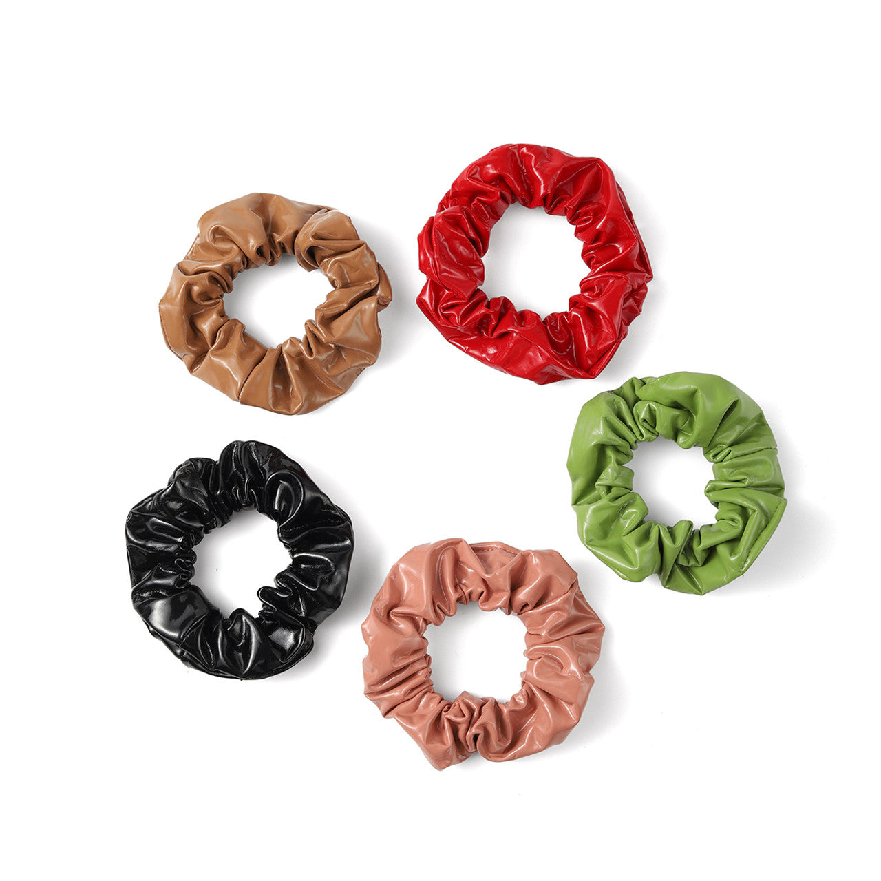 Nollia 5-Pack Shiny Faux Leather Scrunchie Set – Glossy Chic Hair Tie Collection