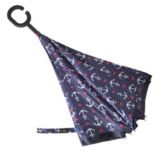 Load image into Gallery viewer, Nollia Anchor Print Inside-Out Umbrella – Navy Nautical Design, UV Protection, C-Handle
