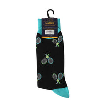 Load image into Gallery viewer, Parquet Men’s Tennis Racket Novelty Crew Socks – Black &amp; Teal
