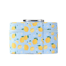 Load image into Gallery viewer, Nollia Medium Lemon Print Makeup Train Case – Blue Cosmetic Organizer with Mirror &amp; Handle for Travel or Home
