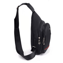 Load image into Gallery viewer, Black Nylon Sling Bag with Red Lining and Zipper Compartments
