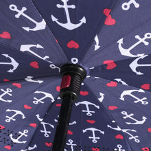 Load image into Gallery viewer, Nollia Anchor Print Inside-Out Umbrella – Navy Nautical Design, UV Protection, C-Handle

