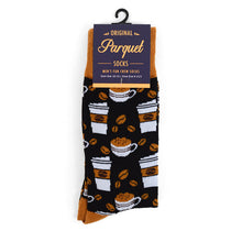 Load image into Gallery viewer, Parquet Men’s Coffee Cups Novelty Crew Socks – Black &amp; Brown Options
