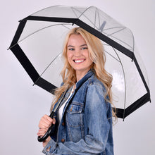 Load image into Gallery viewer, Parquet Clear Bubble Umbrella with Color Trim – Auto Open | Dome Shape Rain Umbrella
