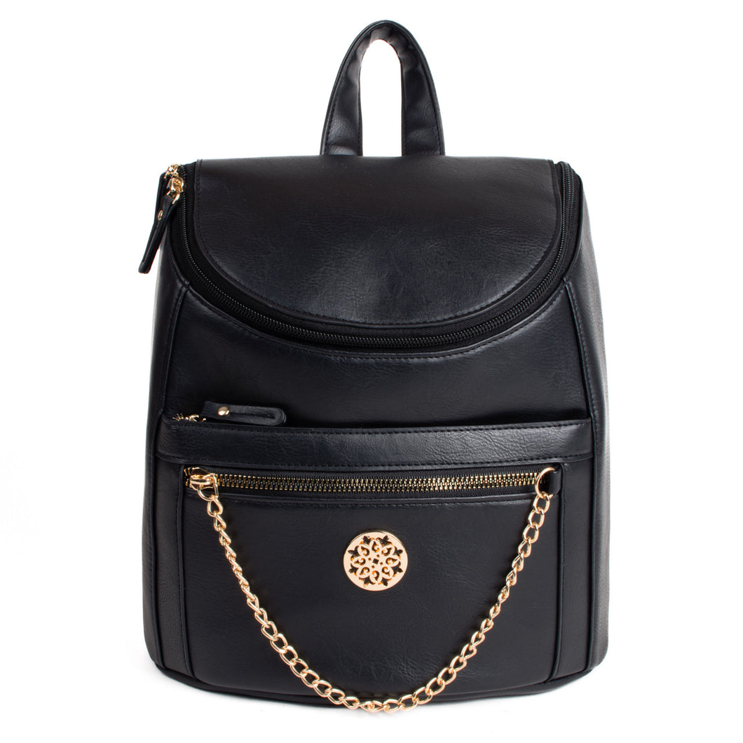 Ladies Black PU Backpack with Gold Chain