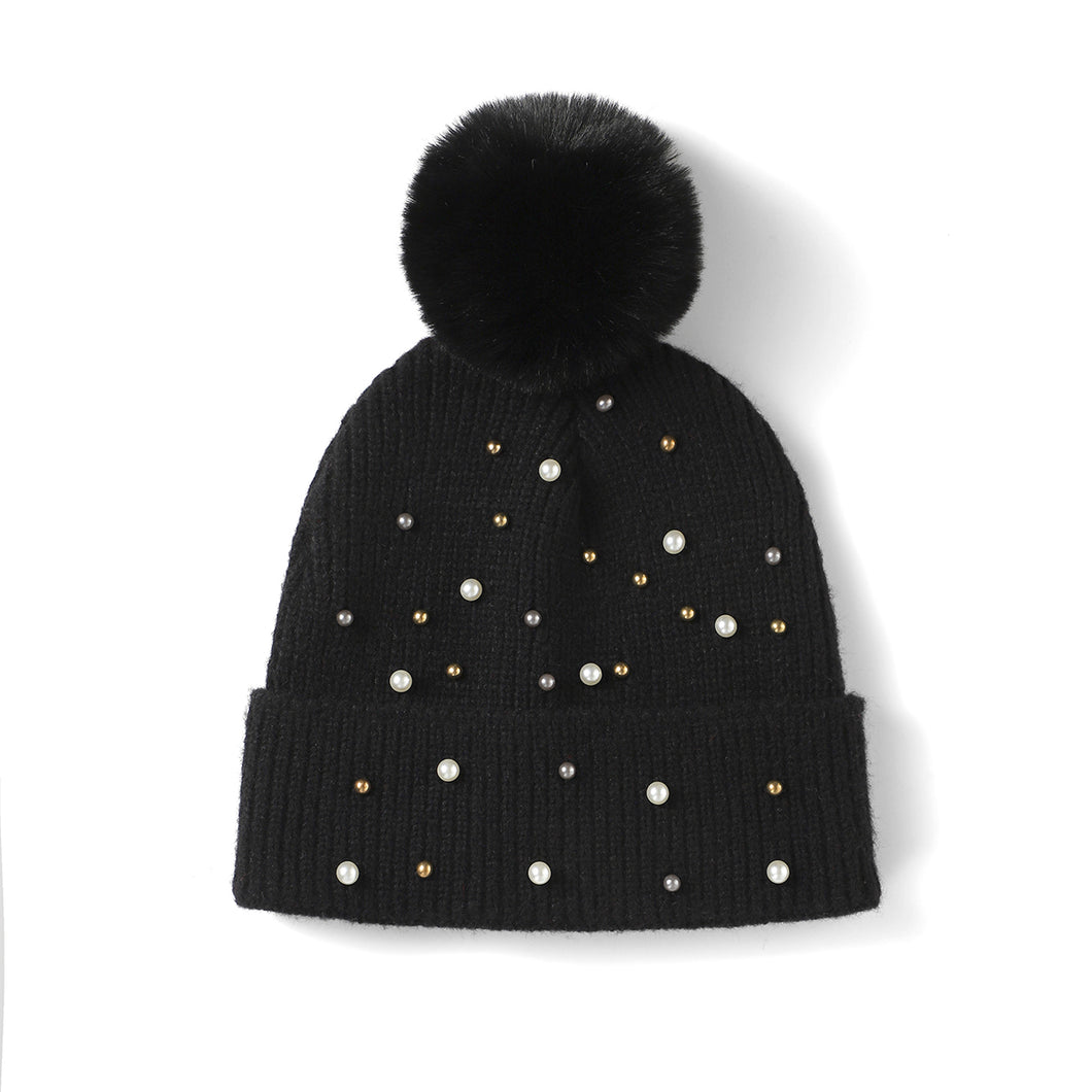 Knit Beanie with Pearls and Pom