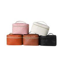Load image into Gallery viewer, Ladies Vegan Woven Leather Train Case Cosmetic Travel Bag
