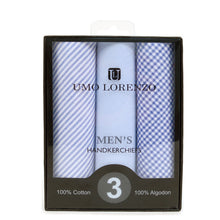 Load image into Gallery viewer, Men&#39;s Cotton Solid, Striped &amp; Plaid Blue Handkerchiefs 3 Piece Set
